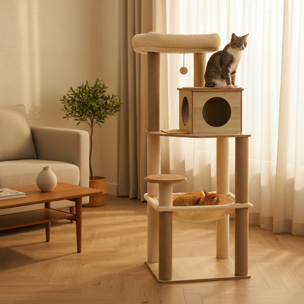 Arbre à Chat en Bois 140 cm – Griffoir Sisal, Niche & Perchoir Supérieur