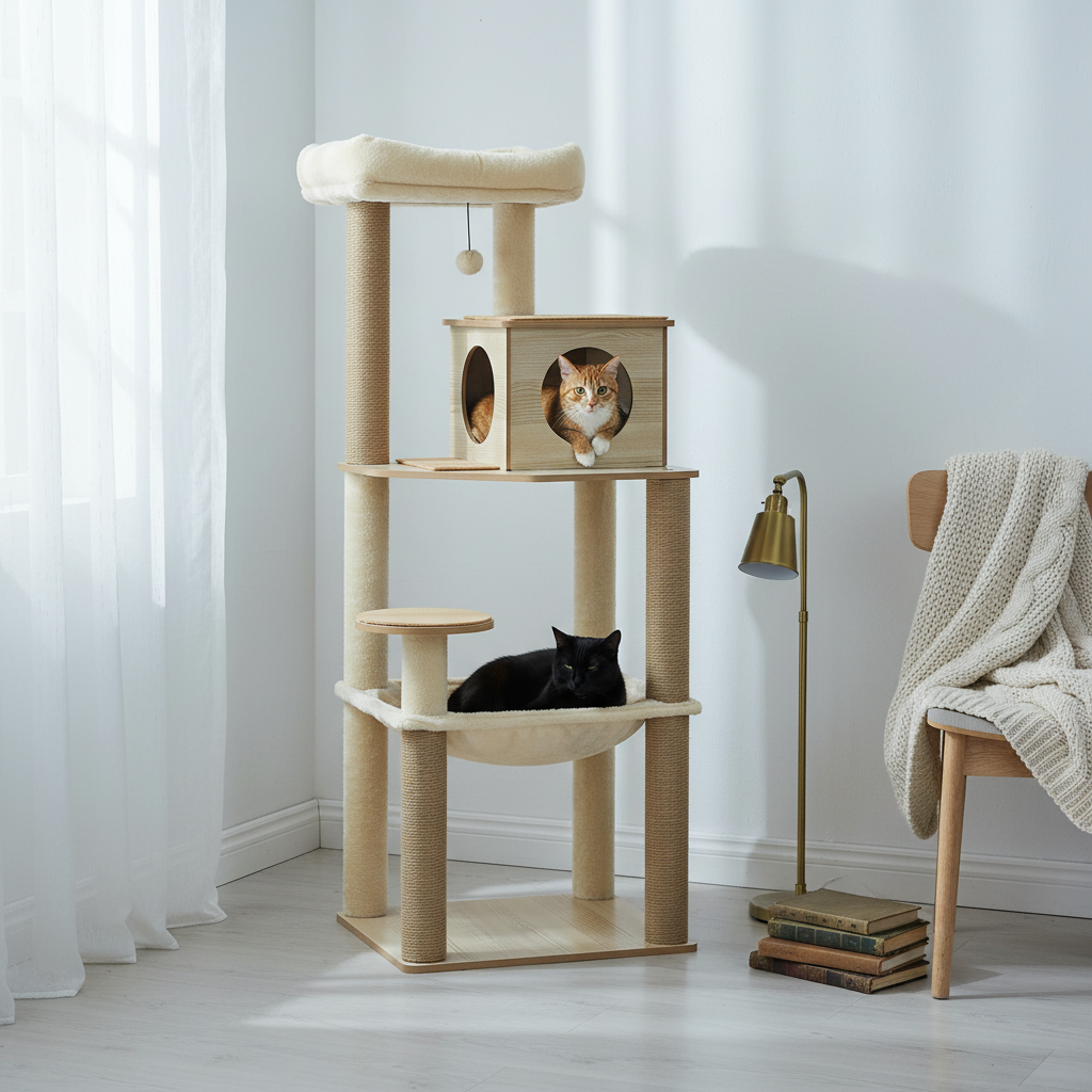 Arbre à Chat en Bois 140 cm – Griffoir Sisal, Niche & Perchoir Supérieur
