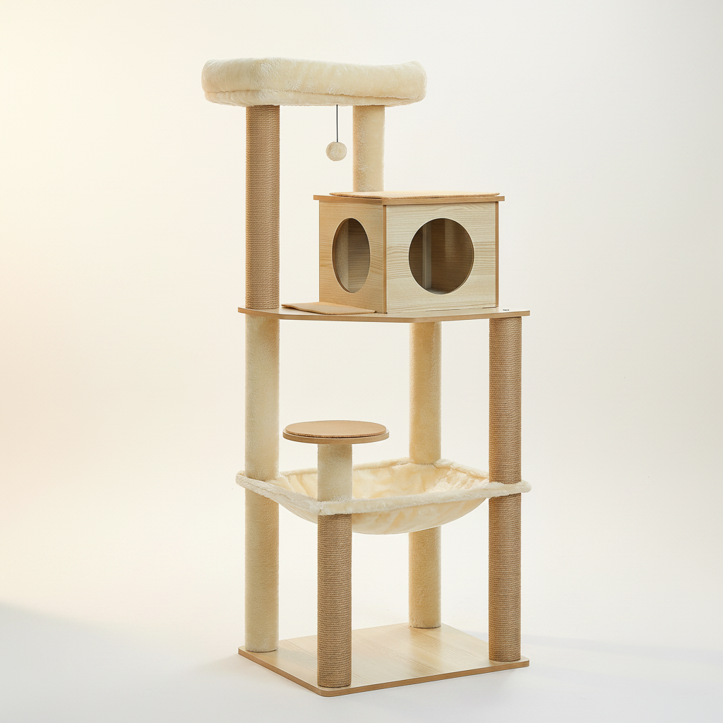 Arbre à Chat en Bois 140 cm – Griffoir Sisal, Niche & Perchoir Supérieur