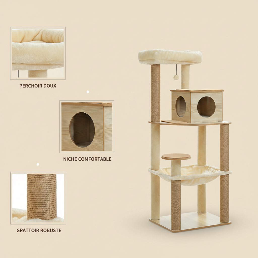 Arbre à Chat en Bois 140 cm – Griffoir Sisal, Niche & Perchoir Supérieur