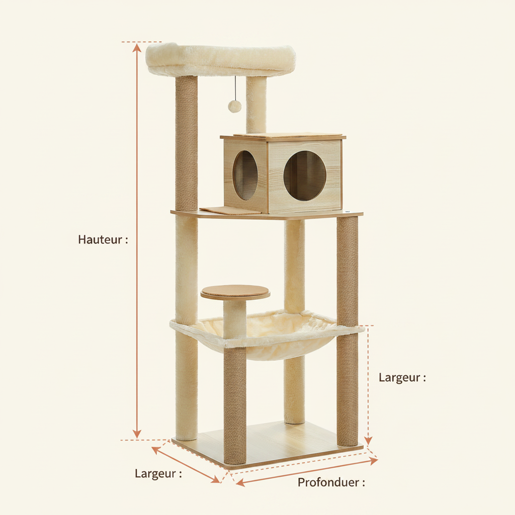 Arbre à Chat en Bois 140 cm – Griffoir Sisal, Niche & Perchoir Supérieur