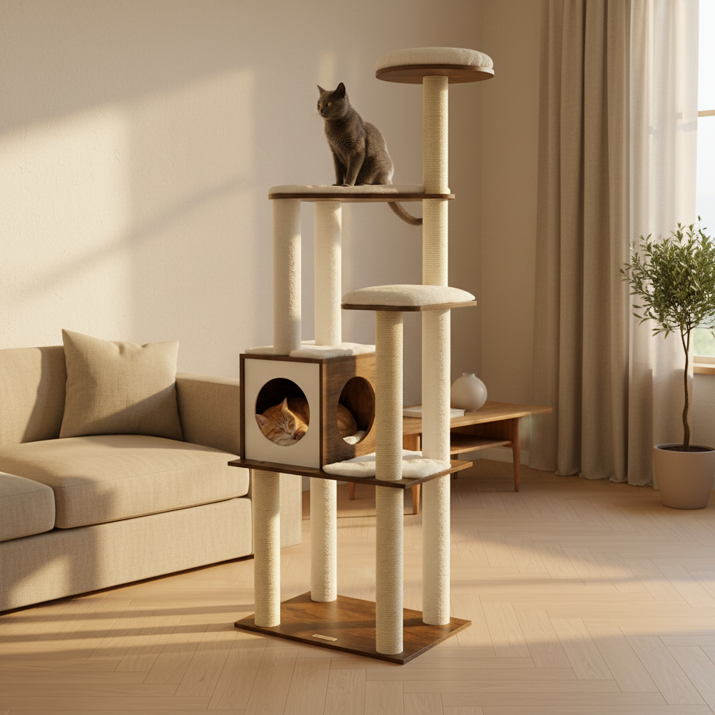 Arbre à Chat en Bois 165 cm – 5 Griffoirs, Plateformes & Niche Confortable