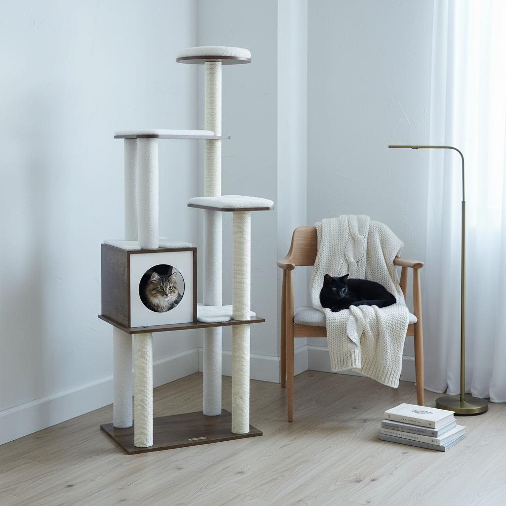 Arbre à Chat en Bois 165 cm – 5 Griffoirs, Plateformes & Niche Confortable