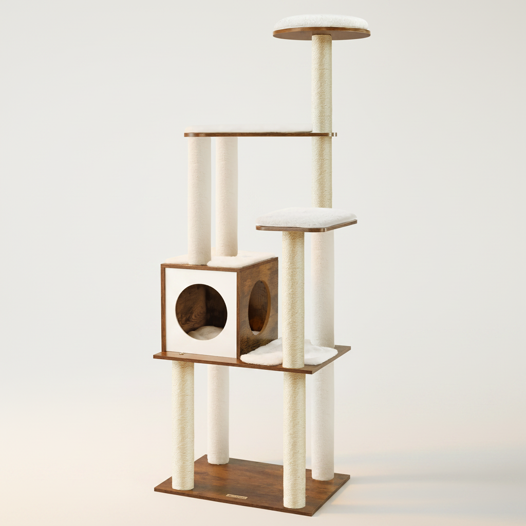 Arbre à Chat en Bois 165 cm – 5 Griffoirs, Plateformes & Niche Confortable