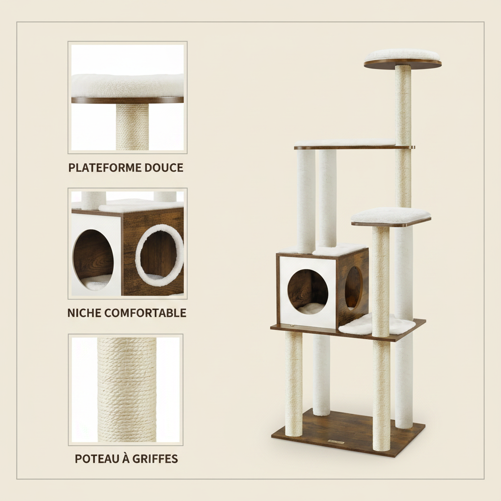 Arbre à Chat en Bois 165 cm – 5 Griffoirs, Plateformes & Niche Confortable