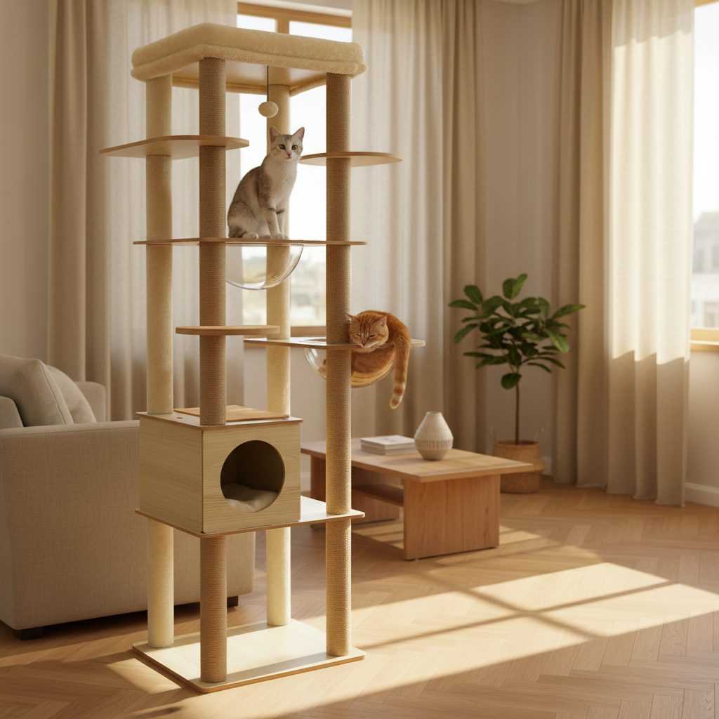 Arbre à Chat en Bois 180 cm – Hamac Transparent, Niche & Perchoir XXL