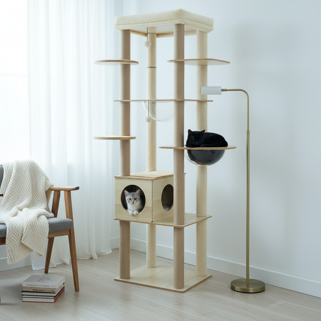 Arbre à Chat en Bois 180 cm – Hamac Transparent, Niche & Perchoir XXL