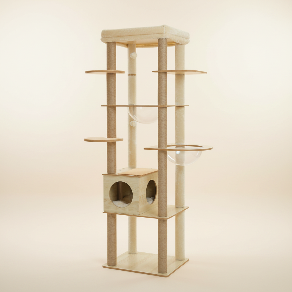 Arbre à Chat en Bois 180 cm – Hamac Transparent, Niche & Perchoir XXL
