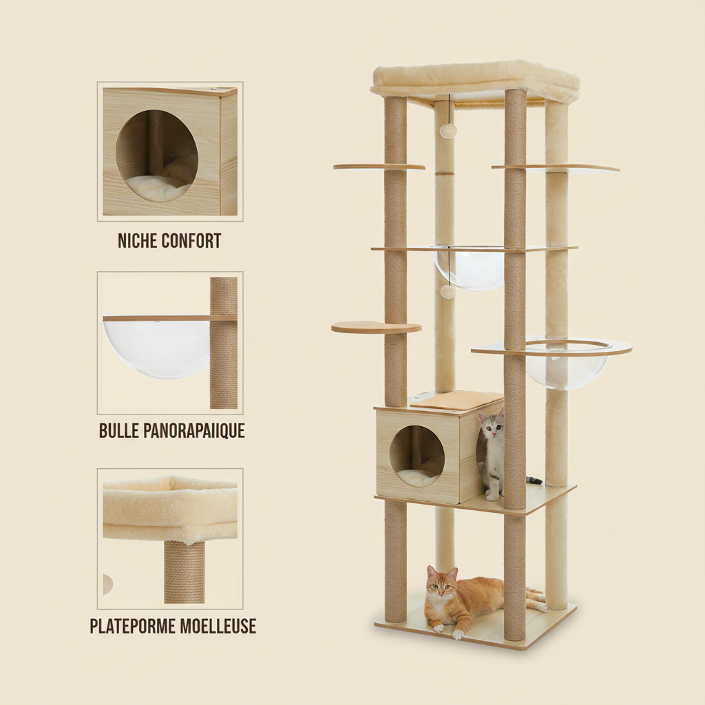 Arbre à Chat en Bois 180 cm – Hamac Transparent, Niche & Perchoir XXL