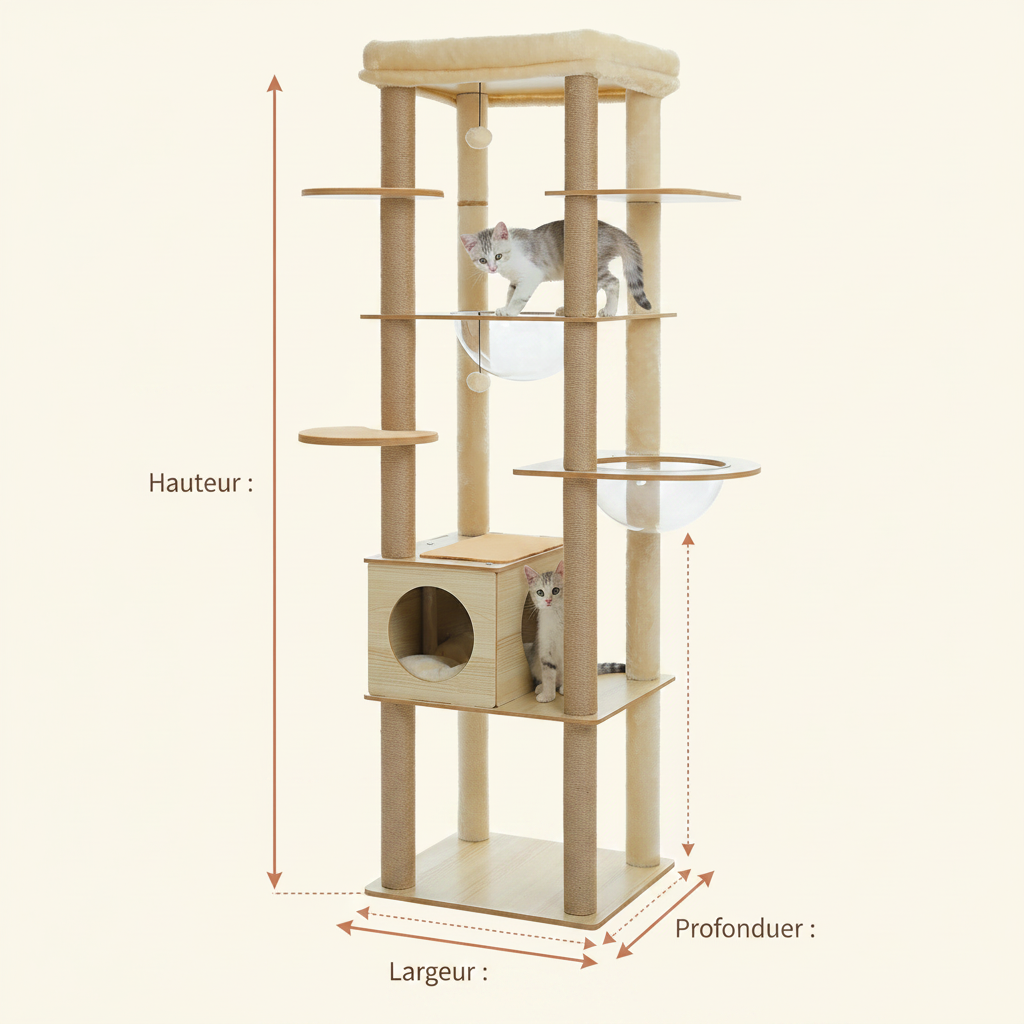 Arbre à Chat en Bois 180 cm – Hamac Transparent, Niche & Perchoir XXL