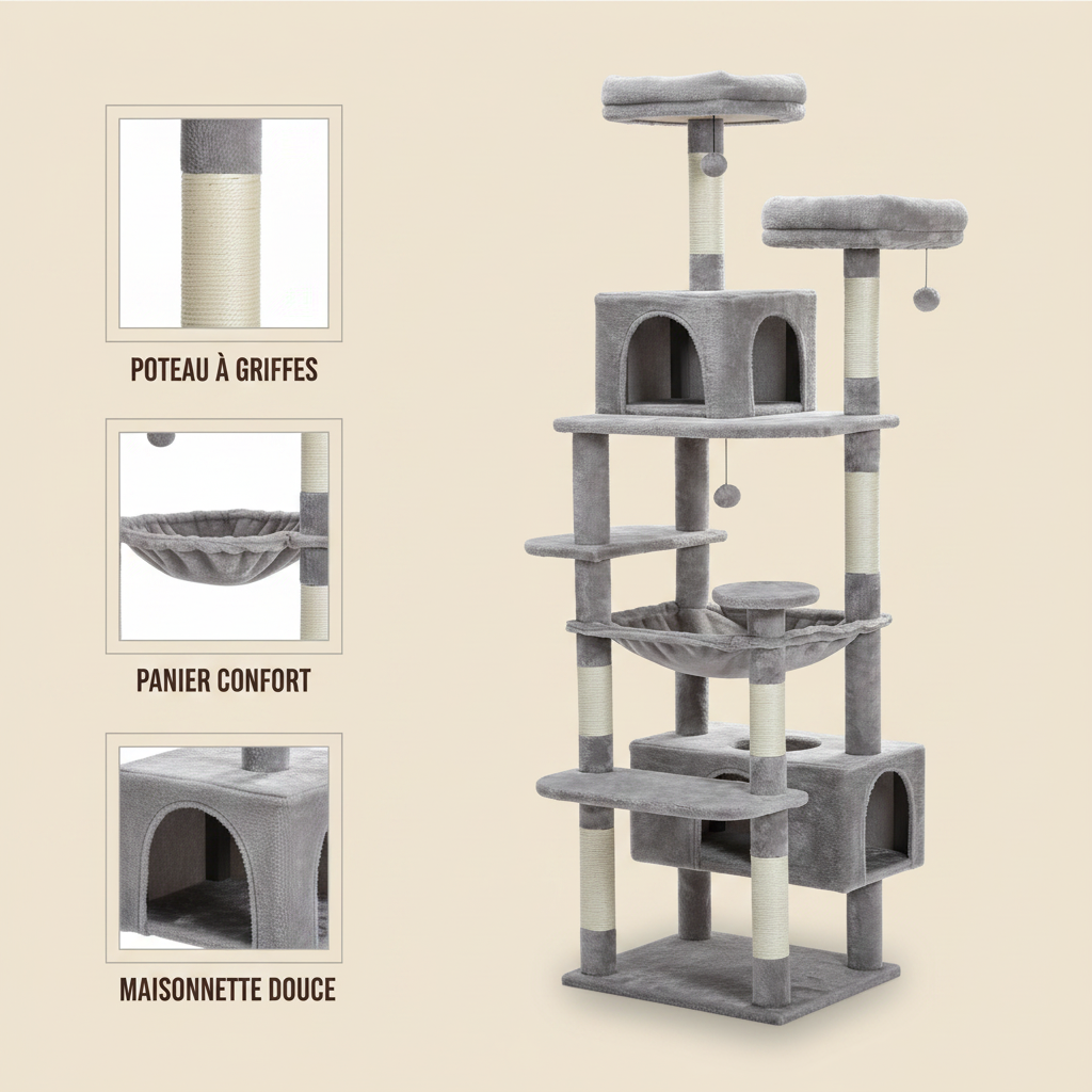 Arbre à Chat 184 cm – Hamac Spacieux, Griffoirs Sisal & Condos pour Grandes Races