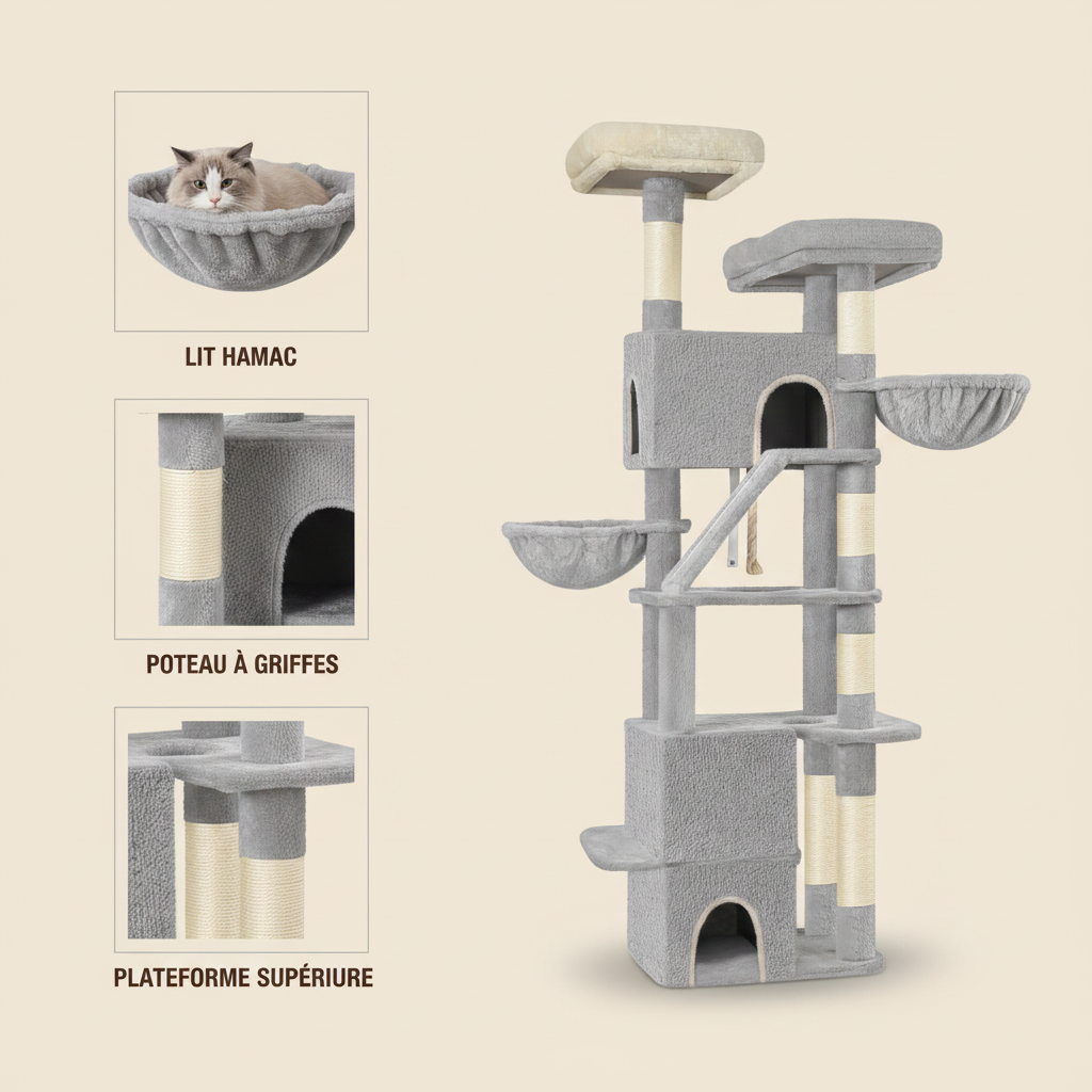 Arbre à Chat 185 cm – 2 Plateformes, 3 Condos & 6 Griffoirs Sisal pour Grandes Races