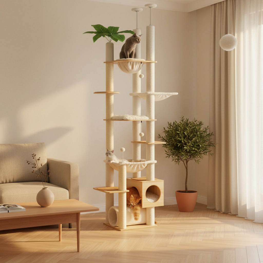 Arbre à Chat Sol-Plafond Réglable 200-230 cm – Bois, Hamac & Griffoirs Sisal