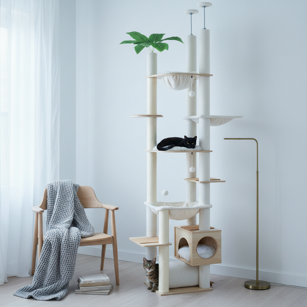 Arbre à Chat Sol-Plafond Réglable 200-230 cm – Bois, Hamac & Griffoirs Sisal