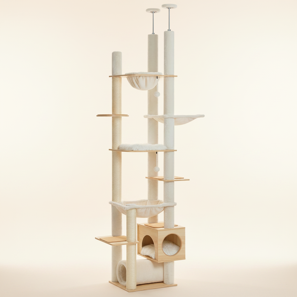 Arbre à Chat Sol-Plafond Réglable 200-230 cm – Bois, Hamac & Griffoirs Sisal