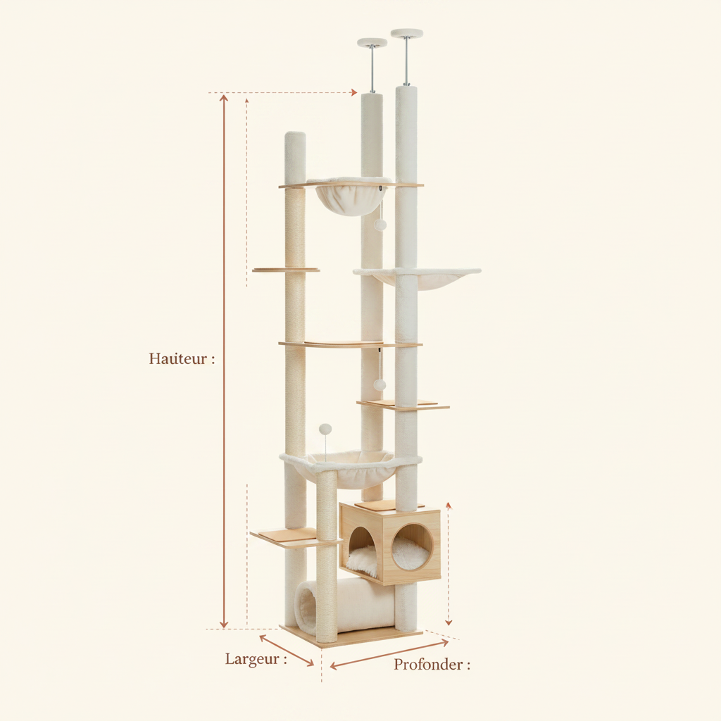 Arbre à Chat Sol-Plafond Réglable 200-230 cm – Bois, Hamac & Griffoirs Sisal