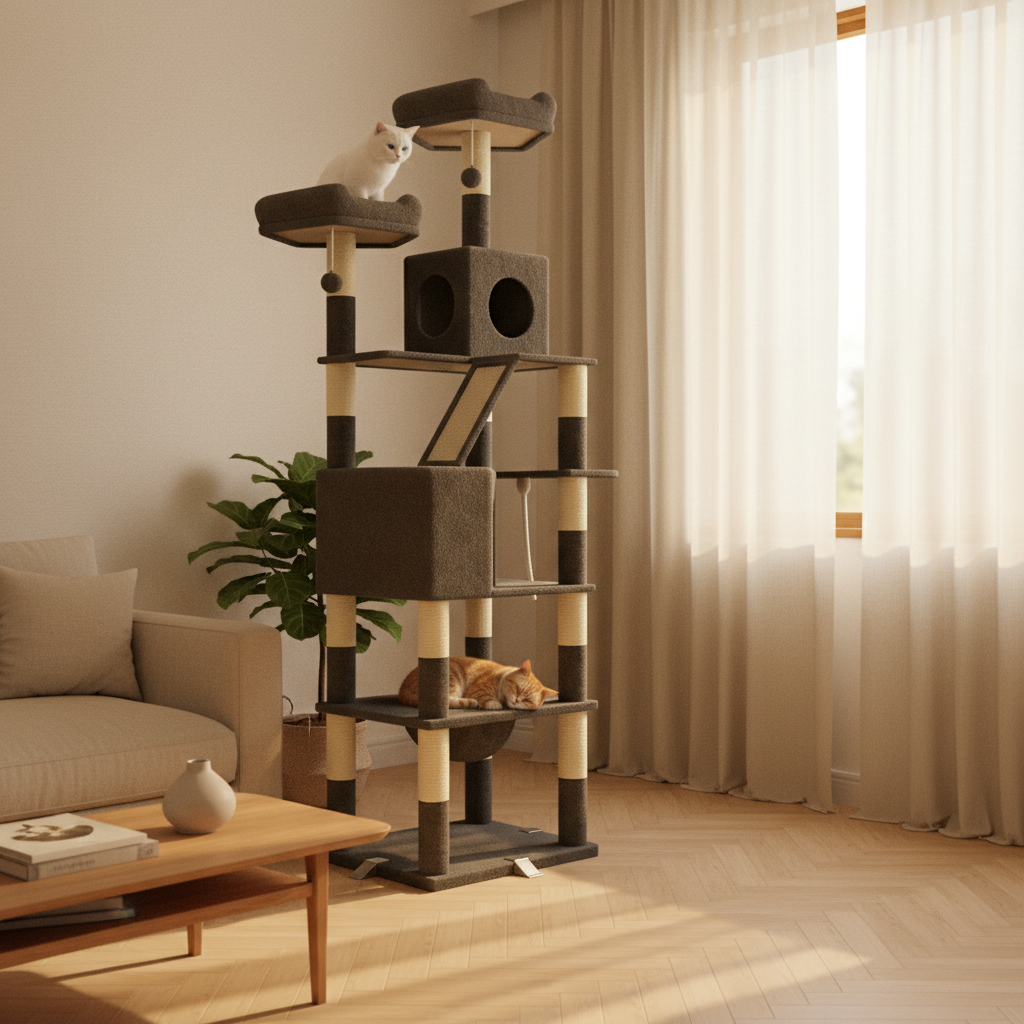Arbre à Chat XXL 208 cm – Chêne & Thé, Hamac, Planche à Gratter pour Grandes Races