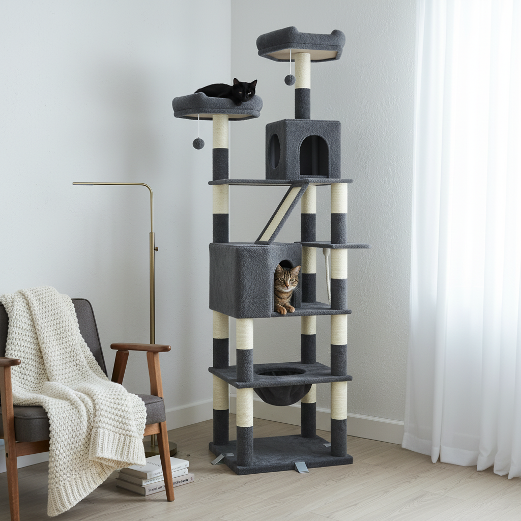 Arbre à Chat XXL 208 cm – Chêne & Thé, Hamac, Planche à Gratter pour Grandes Races