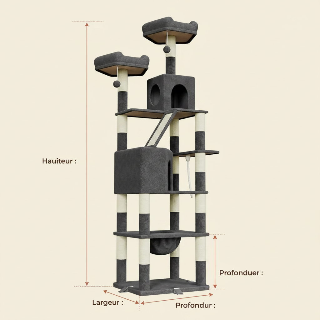 Arbre à Chat XXL 208 cm – Chêne & Thé, Hamac, Planche à Gratter pour Grandes Races