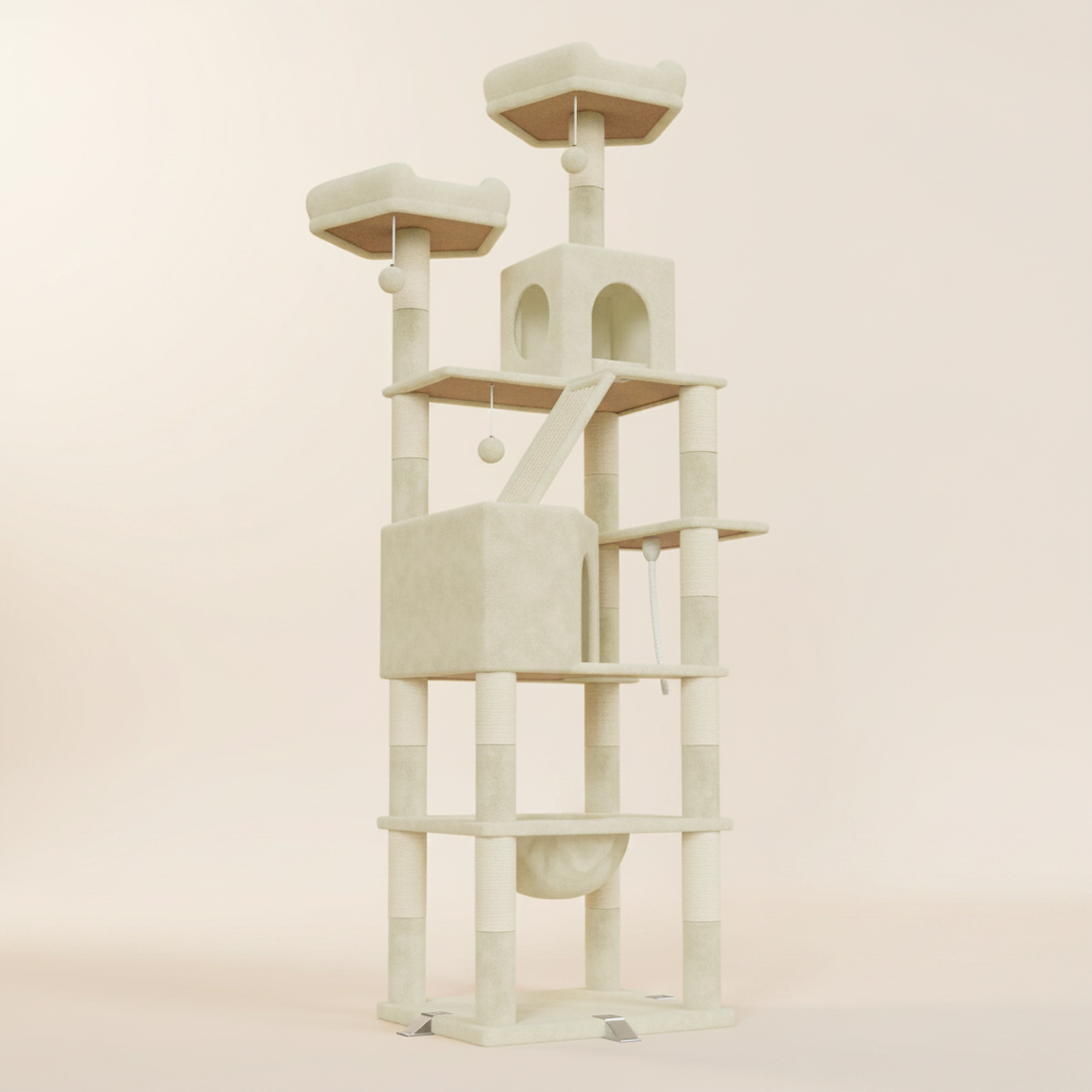 Arbre à Chat XXL 208 cm – Chêne & Thé, Hamac, Planche à Gratter pour Grandes Races