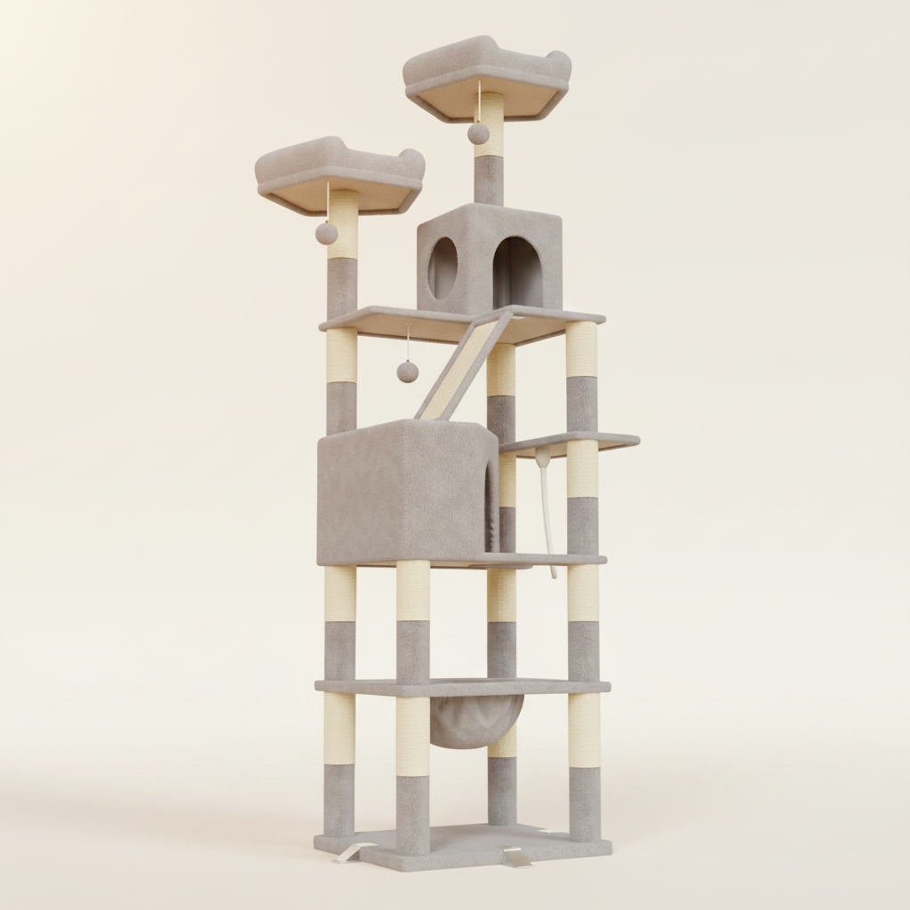Arbre à Chat XXL 208 cm – Chêne & Thé, Hamac, Planche à Gratter pour Grandes Races