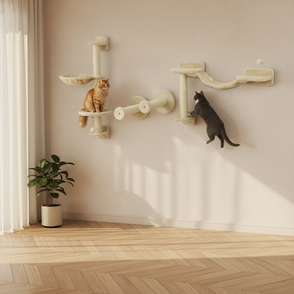 Arbre à Chat Mural Peluche Grise 4 pieces – Étagère Murale avec Griffoir et Boule Suspendue