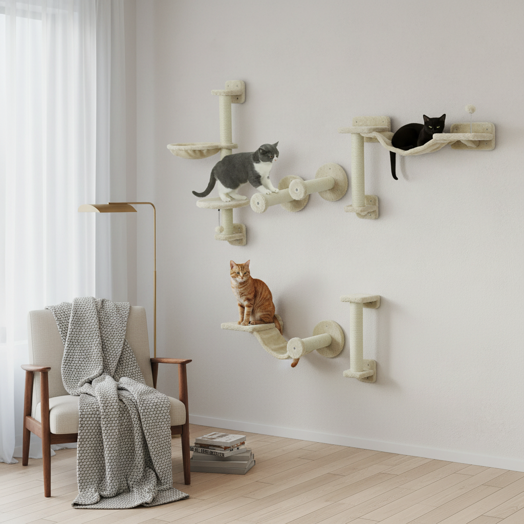 Arbre à Chat Mural Peluche Grise 4 pieces – Étagère Murale avec Griffoir et Boule Suspendue