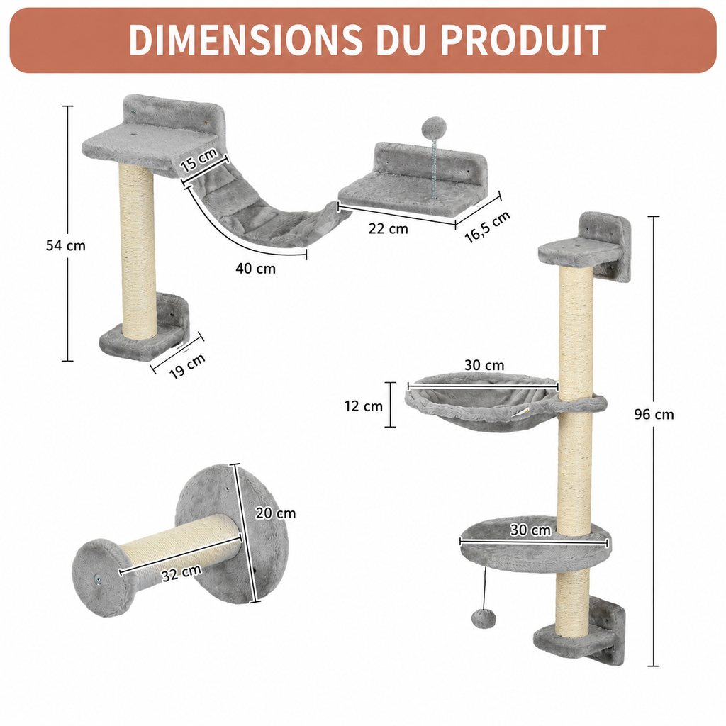 Arbre à Chat Mural Peluche Grise 4 pieces – Étagère Murale avec Griffoir et Boule Suspendue