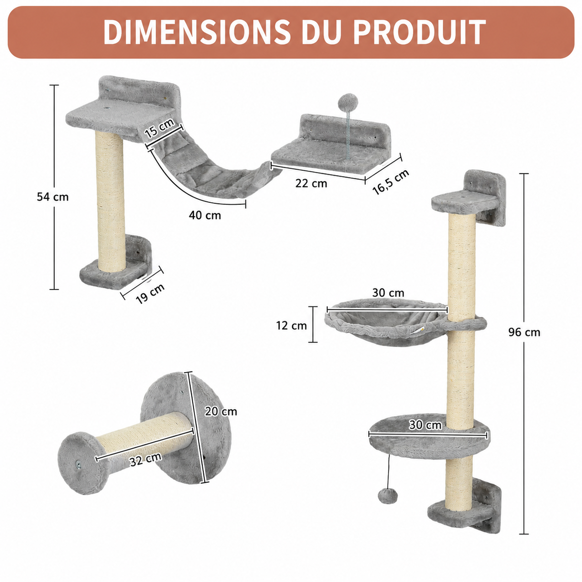 Arbre à Chat Mural Peluche Grise 4 pieces – Étagère Murale avec Griffoir et Boule Suspendue