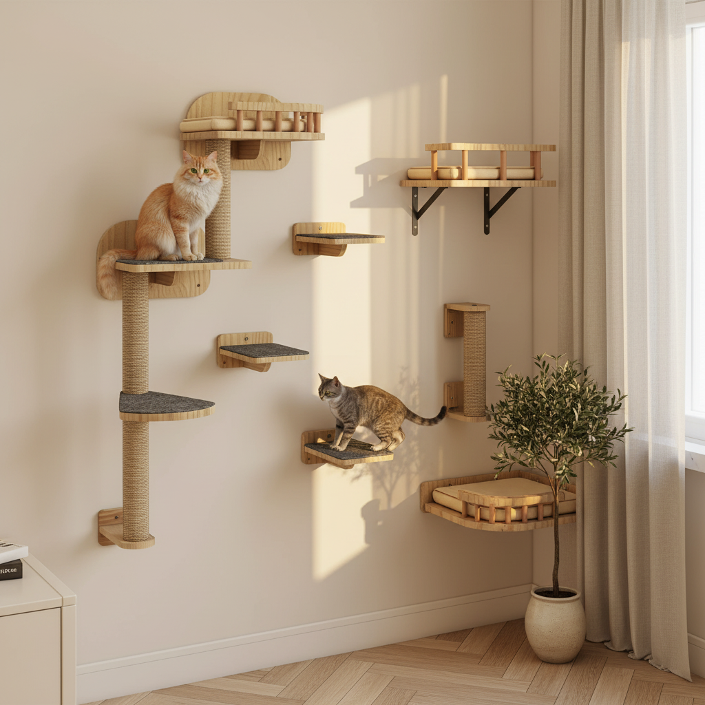Parcours Mural Bois 7 Pièces pour Chat – Étagères, Escaliers & Hamac Inclus