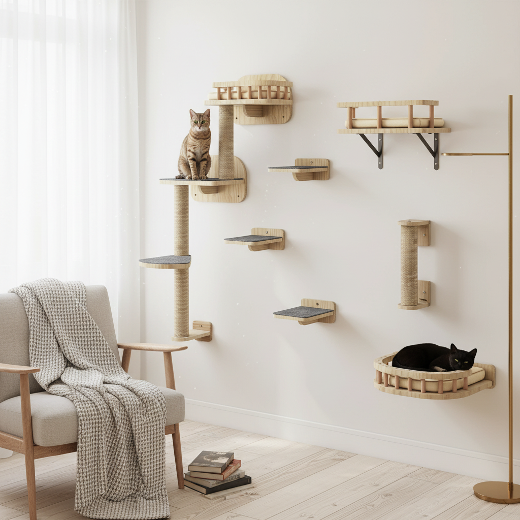 Parcours Mural Bois 7 Pièces pour Chat – Étagères, Escaliers & Hamac Inclus