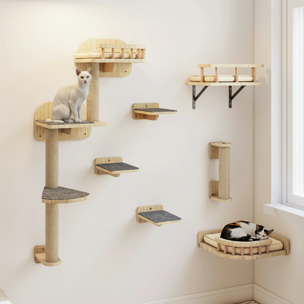 Parcours Mural Bois 7 Pièces pour Chat – Étagères, Escaliers & Hamac Inclus