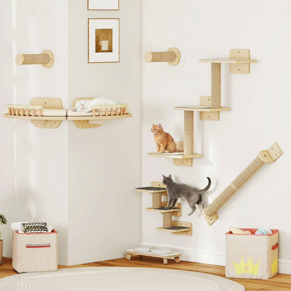 Parcours Mural Bois 7 Pièces pour Chat – Griffoirs, Plateformes & Escaliers