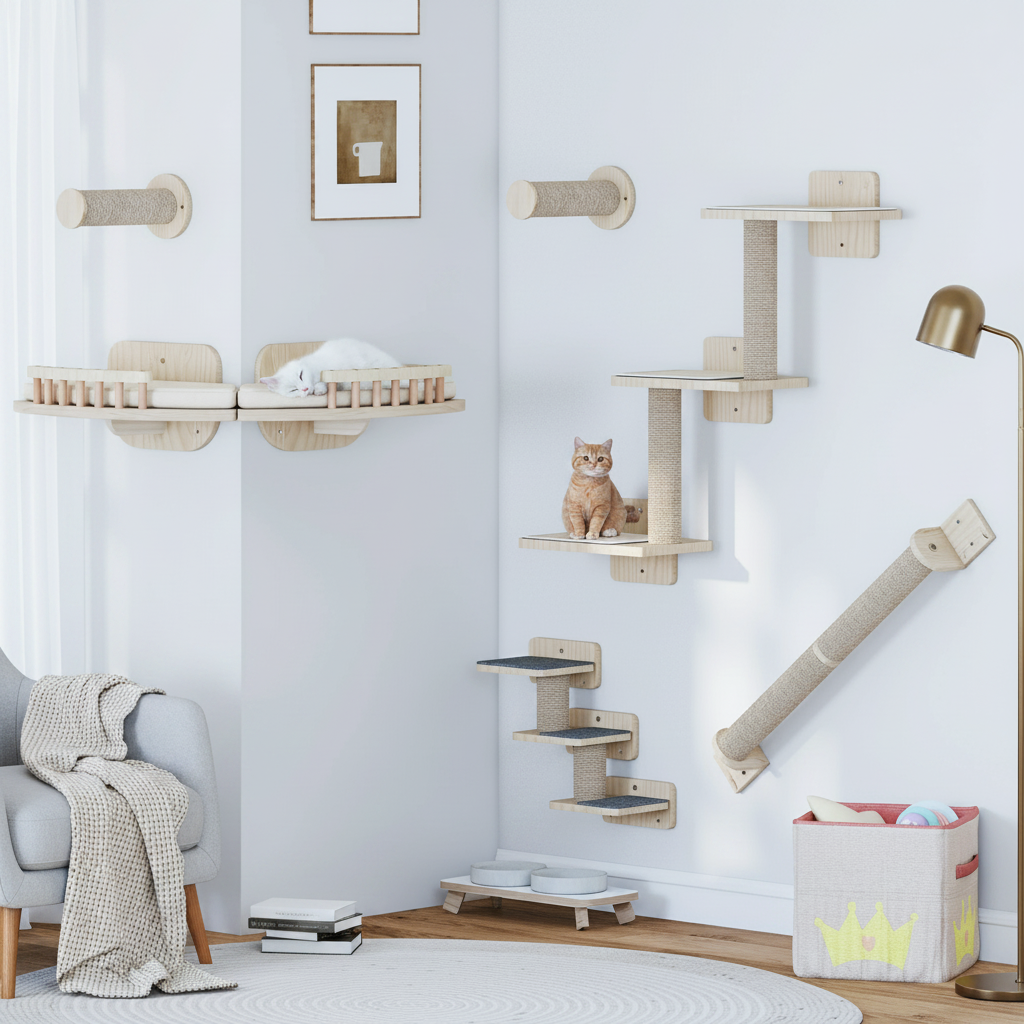 Parcours Mural Bois 7 Pièces pour Chat – Griffoirs, Plateformes & Escaliers