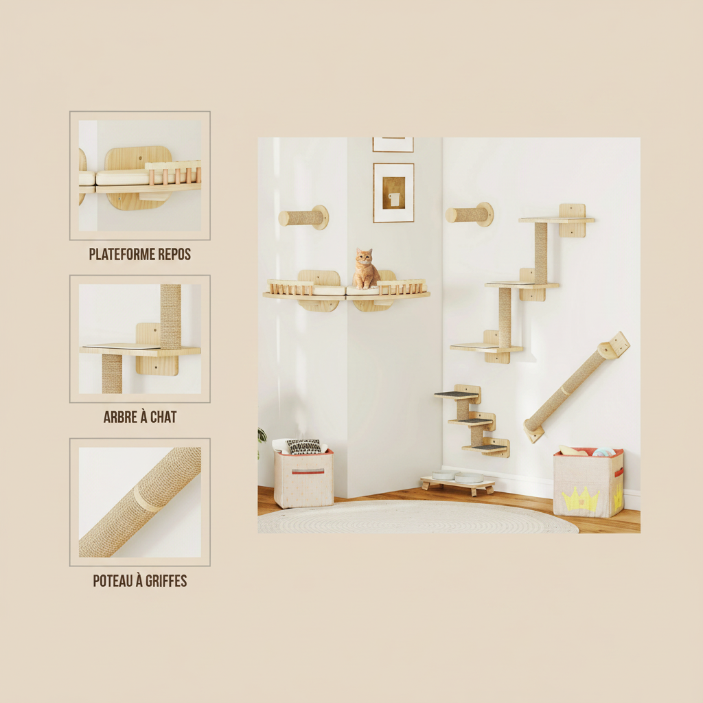 Parcours Mural Bois 7 Pièces pour Chat – Griffoirs, Plateformes & Escaliers