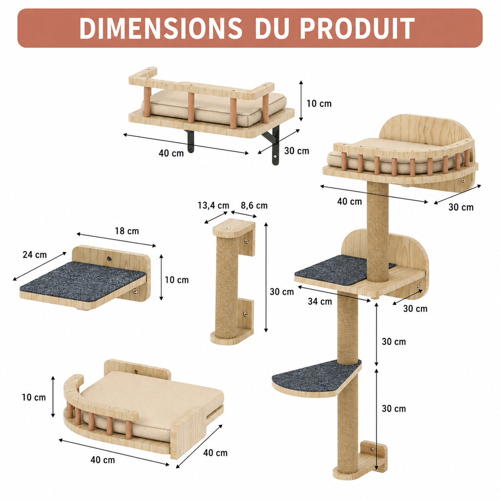 Parcours Mural Bois 7 Pièces pour Chat – Étagères, Escaliers & Hamac Inclus