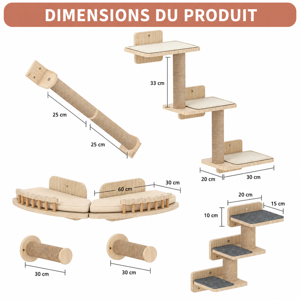 Parcours Mural Bois 7 Pièces pour Chat – Griffoirs, Plateformes & Escaliers