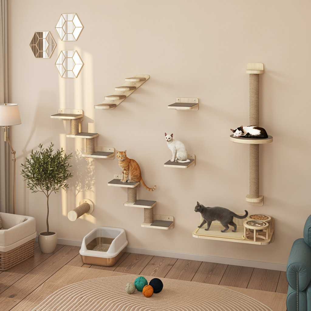 Parcours Mural 8 Pièces pour Chat – Étagères, Échelles, Griffoir & Lit Inclus