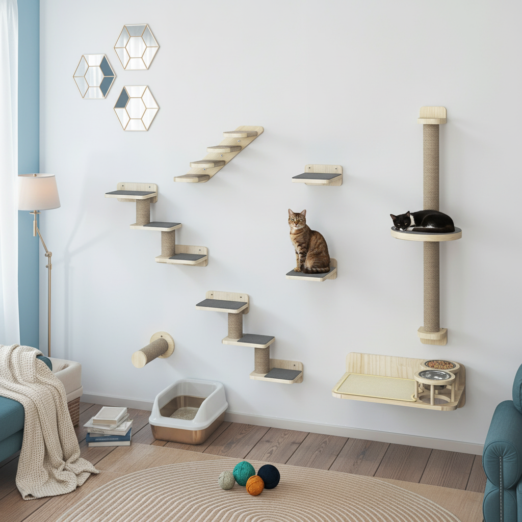 Parcours Mural 8 Pièces pour Chat – Étagères, Échelles, Griffoir & Lit Inclus