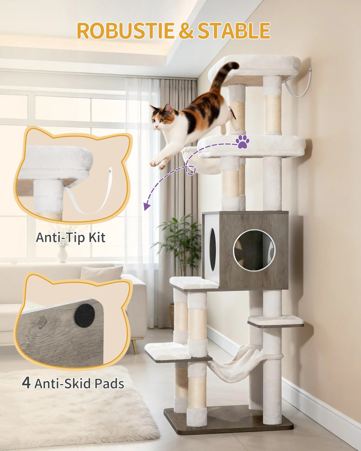 Arbre à Chat Moderne Blanc ou Gris 166 cm – 8 Griffoirs Sisal, Niche & Plateformes Multi-Niveaux