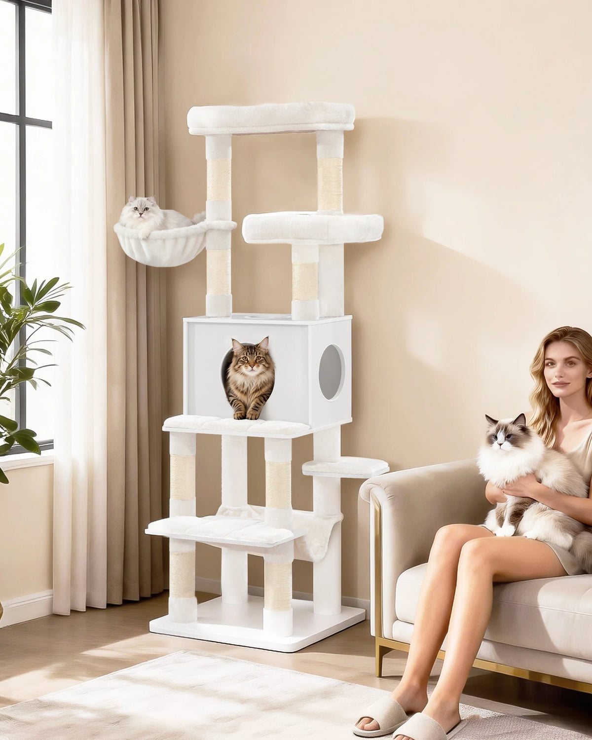Arbre à Chat Moderne Blanc ou Gris 166 cm – 8 Griffoirs Sisal, Niche & Plateformes Multi-Niveaux