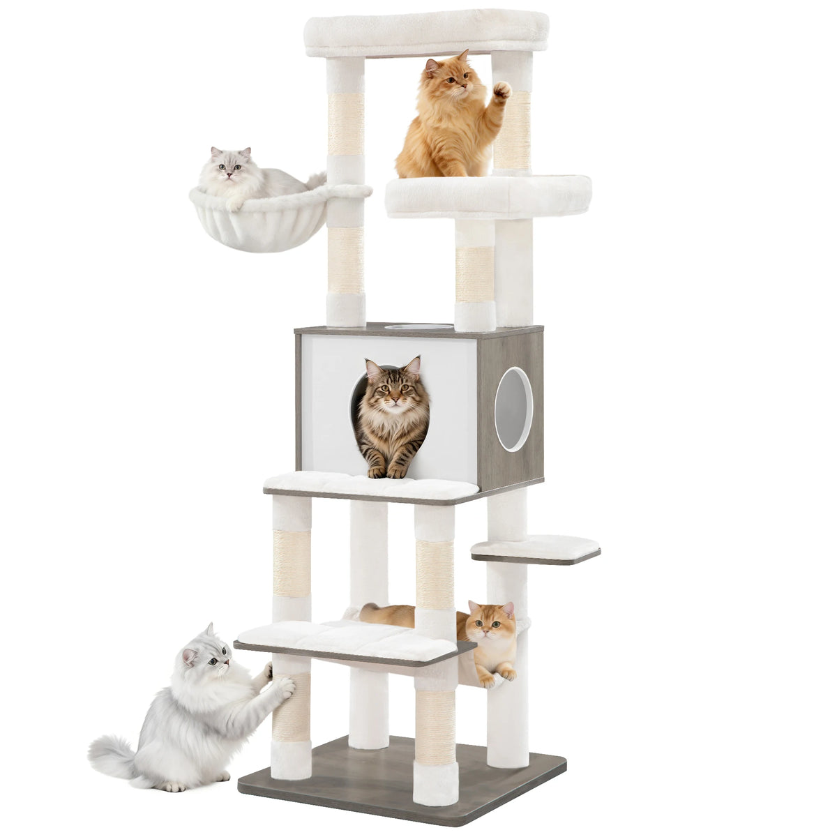 Arbre à Chat Moderne Blanc ou Gris 166 cm – 8 Griffoirs Sisal, Niche & Plateformes Multi-Niveaux