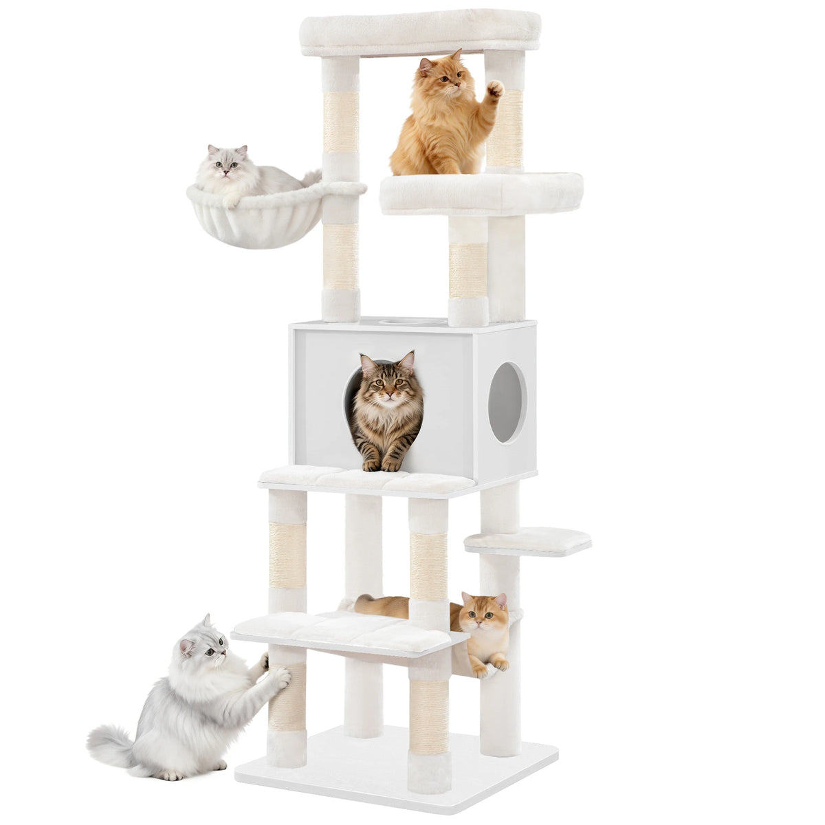 Arbre à Chat Moderne Blanc ou Gris 166 cm – 8 Griffoirs Sisal, Niche & Plateformes Multi-Niveaux