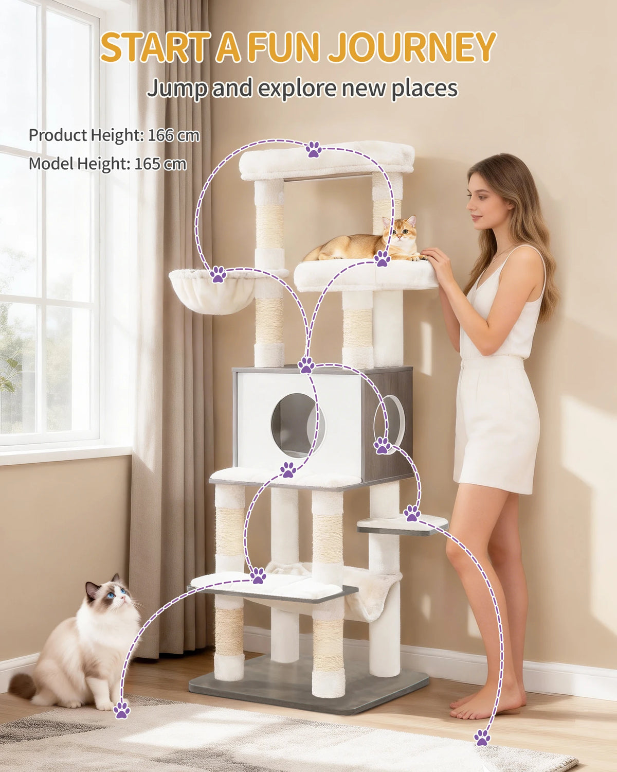 Arbre à Chat Moderne Blanc ou Gris 166 cm – 8 Griffoirs Sisal, Niche & Plateformes Multi-Niveaux