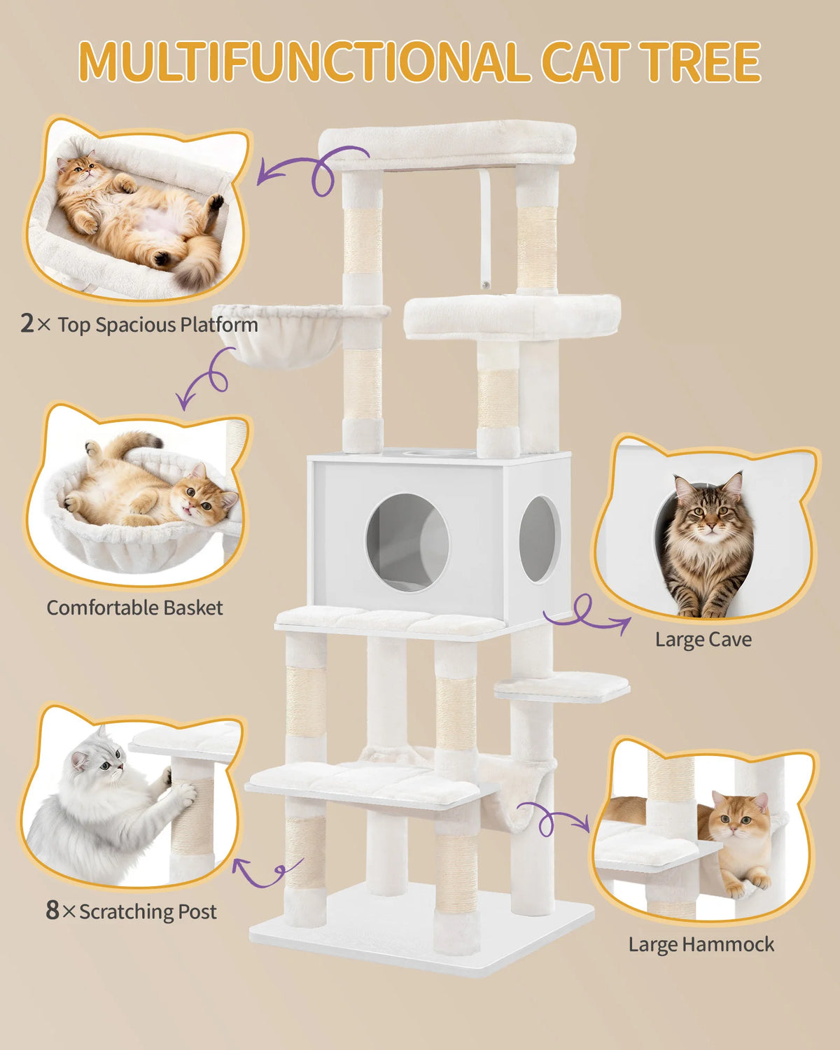 Arbre à Chat Moderne Blanc ou Gris 166 cm – 8 Griffoirs Sisal, Niche & Plateformes Multi-Niveaux