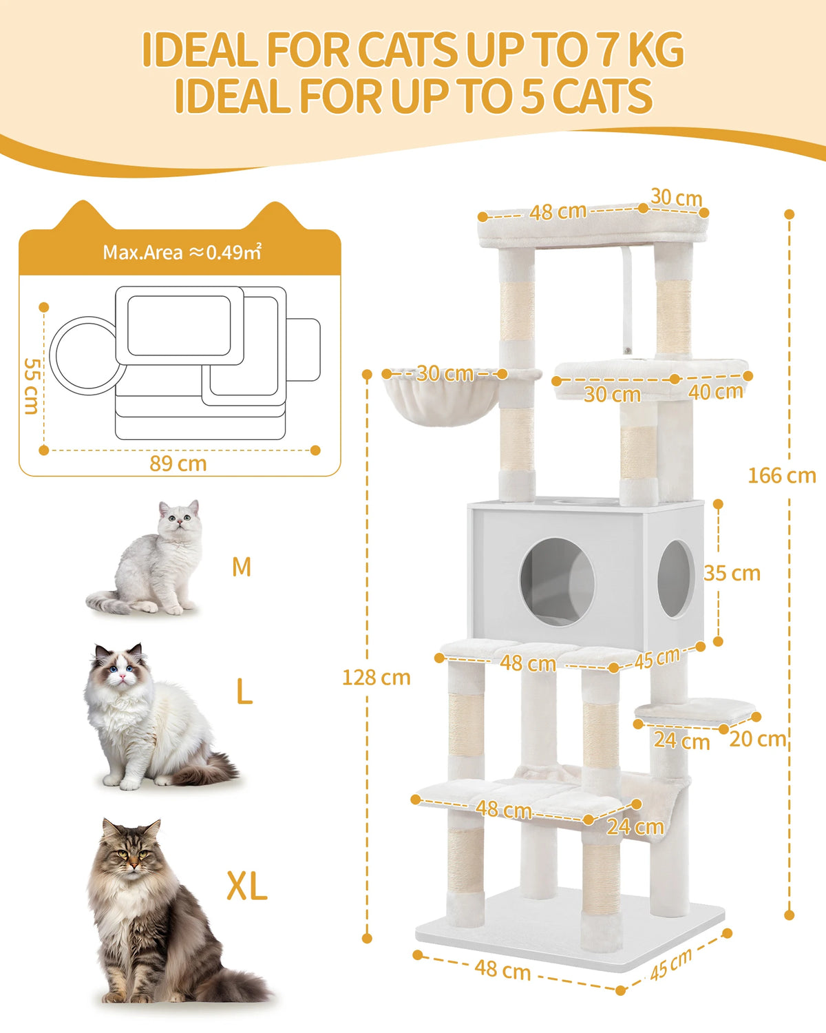 Arbre à Chat Moderne Blanc ou Gris 166 cm – 8 Griffoirs Sisal, Niche & Plateformes Multi-Niveaux