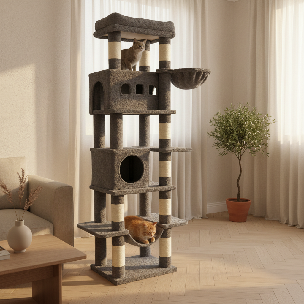 Arbre à Chat 170 cm – Griffoirs Multi-Niveaux, Grand Perchoir & Tapis Lavable