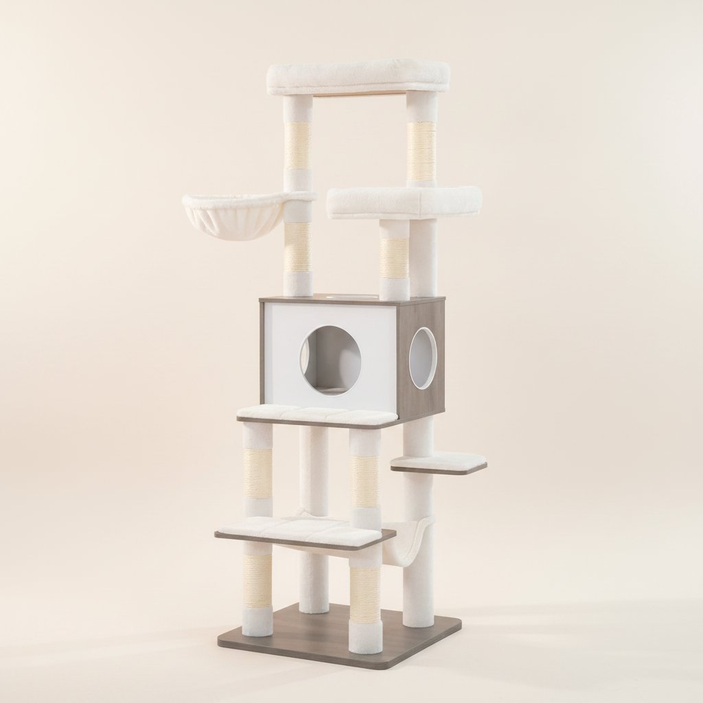 Arbre à Chat Moderne Blanc ou Gris 166 cm – 8 Griffoirs Sisal, Niche & Plateformes Multi-Niveaux