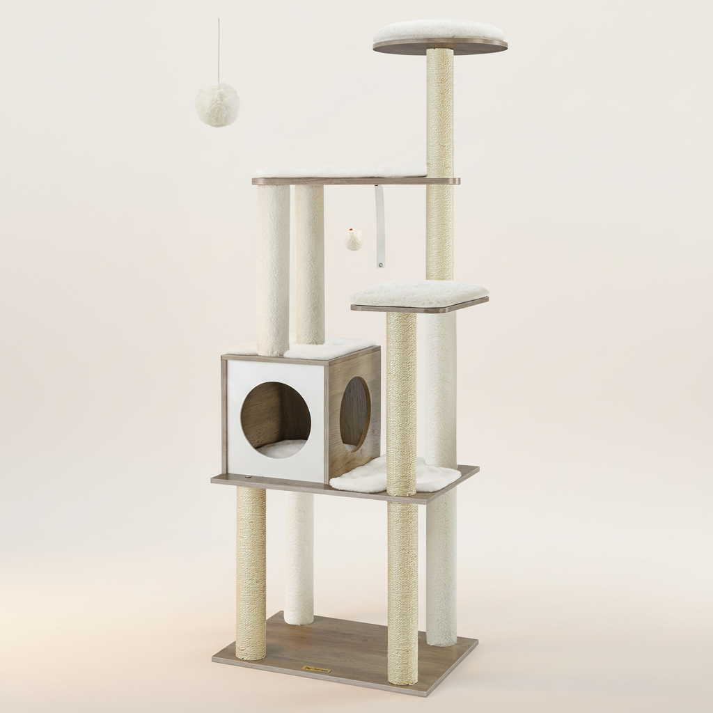 Arbre à Chat en Bois 165 cm – 5 Griffoirs, Plateformes & Niche Confortable