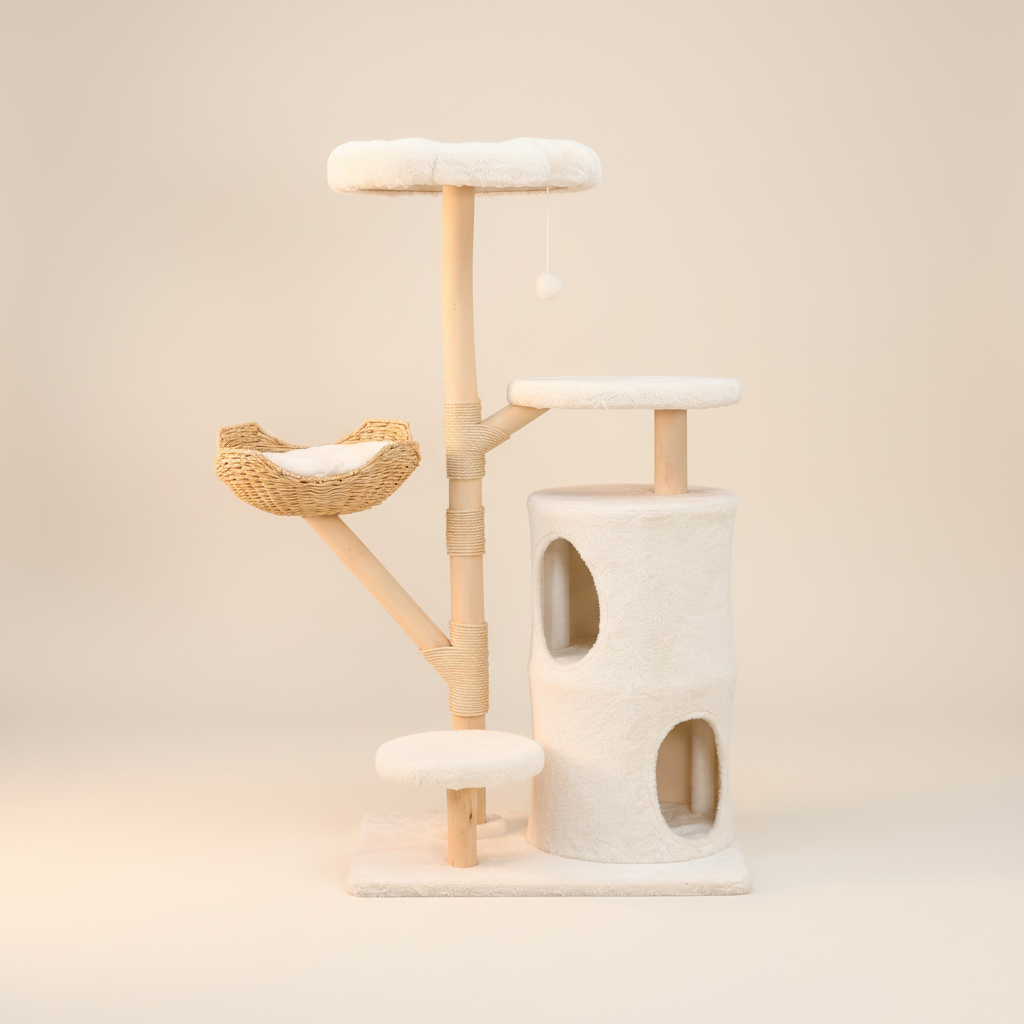 Arbre à Chat en Osier 142 cm – Grand Panier, Niche Fermée & Griffoirs Sisal
